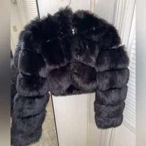 Black faux fur jacket with hoodie